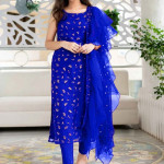 Blue and gold-toned embroidered semi-stitched dress material